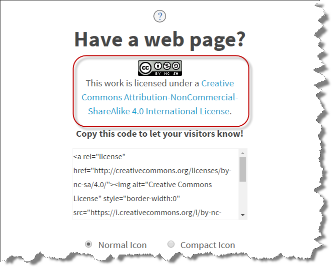 Screenshot of Creative Commons licensing page circling final licensing information