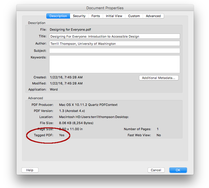 Screen shot of Document Properties dialog in Adobe Acrobat; Tagged PDF = Yes