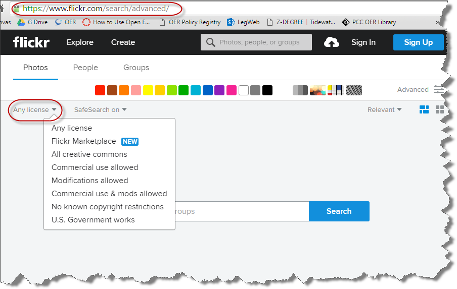Screenshot: flickr advanced search url circled in url field, and Any license circled in filter option