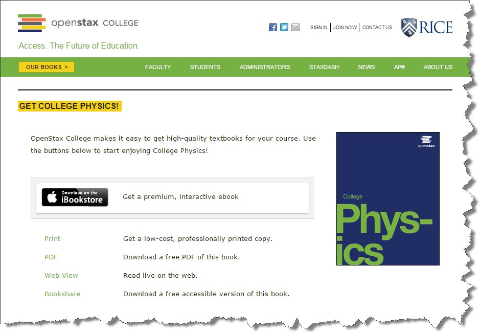 Screenshot: OpenStax page for choosing formats to access Physics textbook