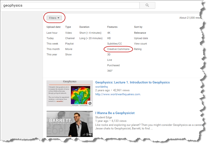 Screenshot: YouTube search feature, filters and Creative Commons circled