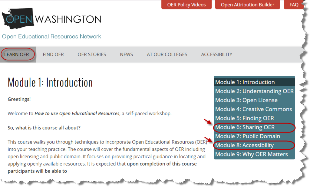 Screenshot: Learn OER Module 1 page with "Sharing OER" and "Accessibility" menu tabs circled