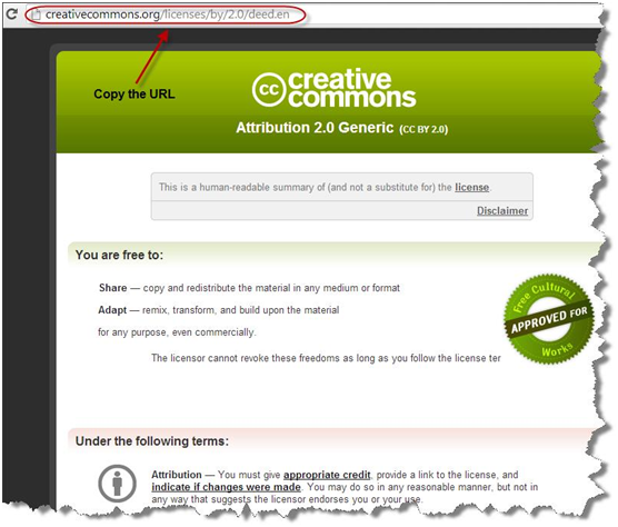 Screenshot: Creative Commons licensing deed page, page url circled