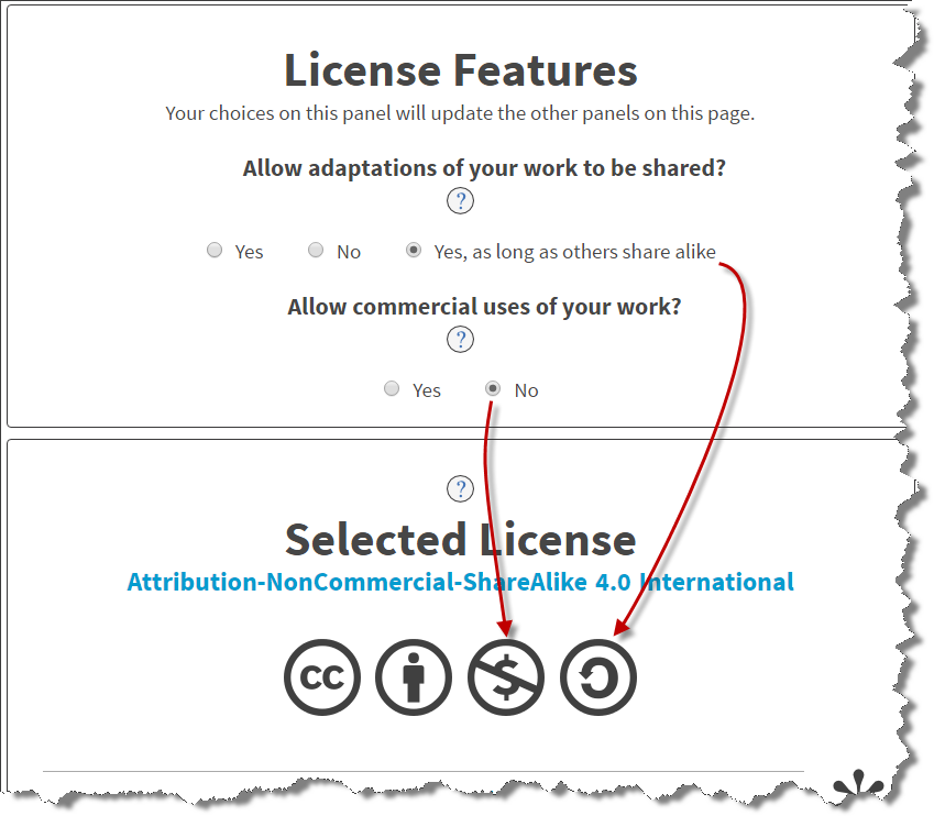 Screenshot of license chooser, arrows linking answer to selected icon.