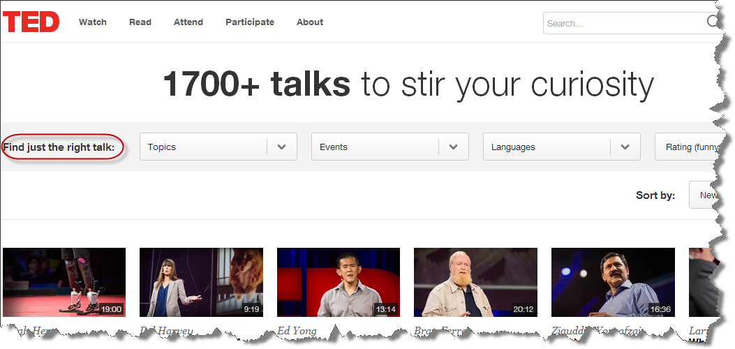 screenshot of TED search feature, Find just the right talk circled. Searchable by topic, events and language