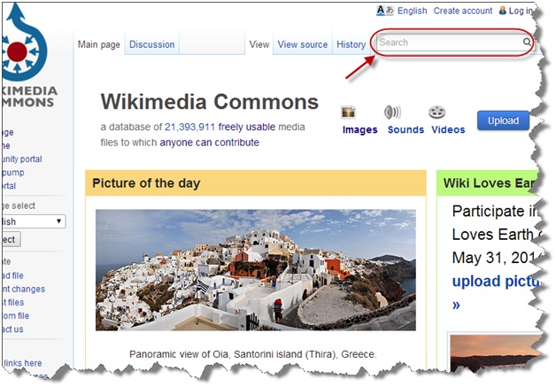 Screenshot of Wikimedia Search field circled