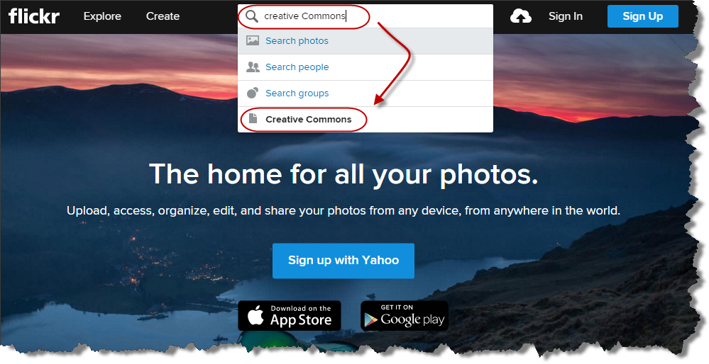 Screenshot: Flickr search field circled and creative commons entered