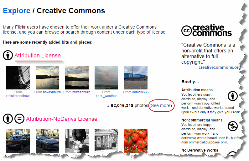 Screenshot: Flickr Creative Commons search, See more circled.