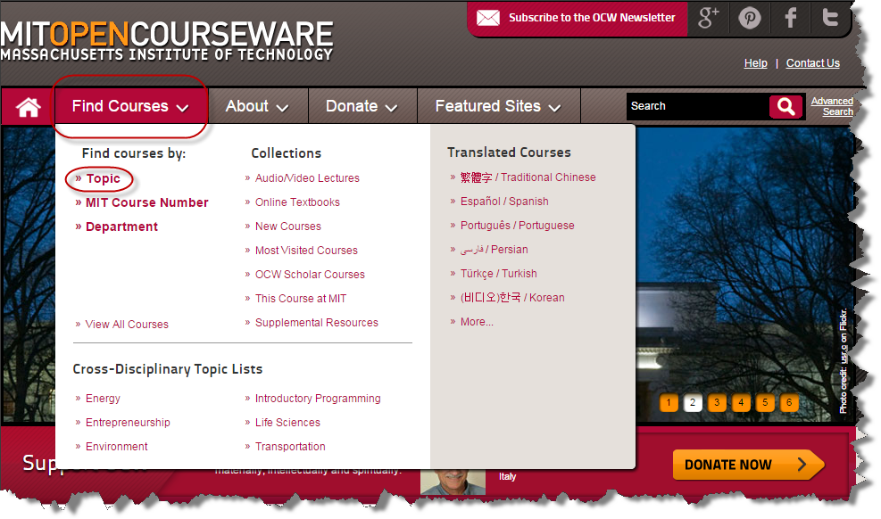 Screenshot: Find Courses tab & Topic circled on MITCourseware site