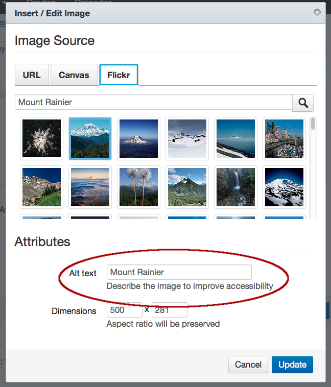 Insert/Edit Image dialog in the Canvas learning management system, featuring a photo of Mount Rainier with Mount Rainier entered into the Alt Text field