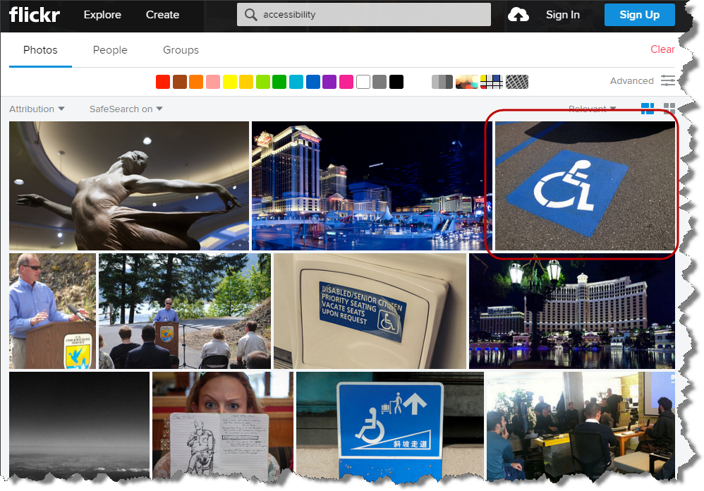 Screenshot: flickr search field with accessibility entered, photo of handicap parking spot circled