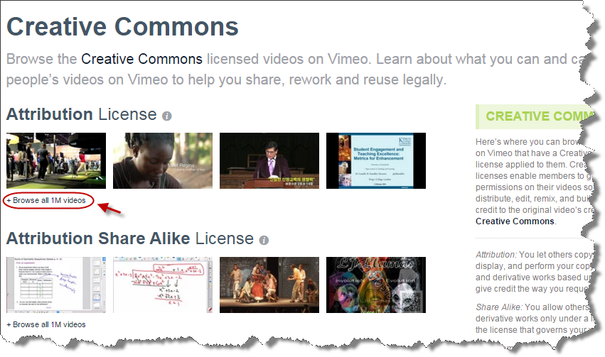Screenshot: Creative Commons licensed video collection, Browse all 1M videos circled