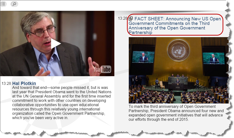 Screenshot: Video player showing Hal Plotkin speaking with supplemental information circled to the right in the margin